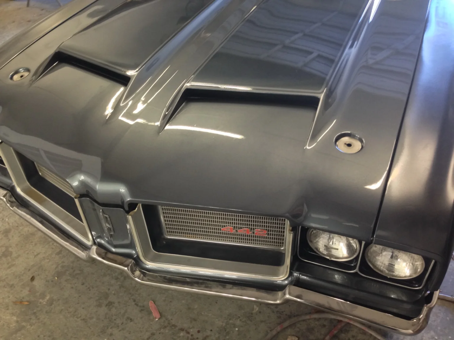 Close-up of a gray Cutlass hood, grille and 442 badge inside a garage